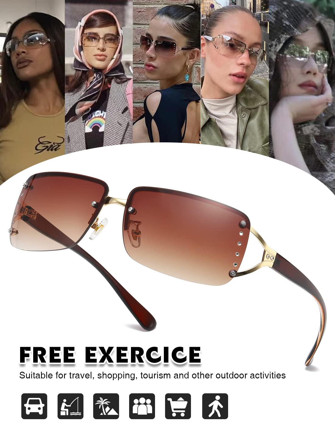 MASDUN Stylish Rimless Frameless Rectangle Sunglasses for Womens Surrounded designer trendy men (Brown Frame Brown Lens)