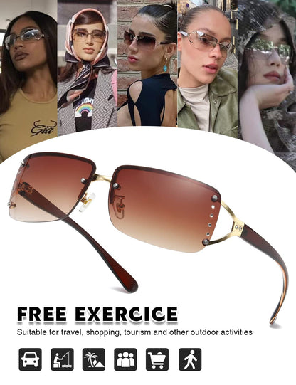 MASDUN Stylish Rimless Frameless Rectangle Sunglasses for Womens Surrounded designer trendy men (Brown Frame Brown Lens)