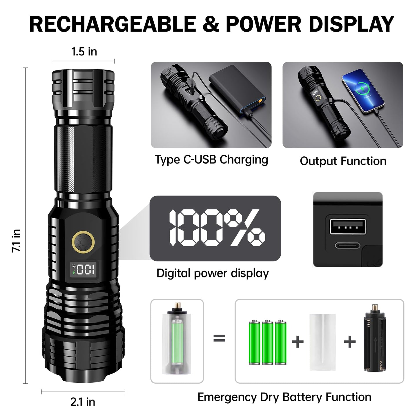 Flashlights High Lumens Rechargeable, LED Super Bright Flash Light Long Beam, Zoomable Linternas with LCD Digital Display, 5 Mode, Waterproof, Powerful Tactical Flashlight for Emergencies Camping Gift