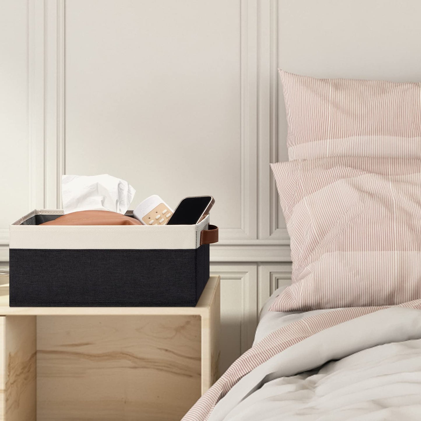 GhvyenntteS Storage Baskets for Organizing, Fabric Storage Bins with Leather H&les, Foldable Rectangular Storage Baskets for Shelves, Closets, Home, Office(Black/White, 6 Pack)11.8X7.9X5.1 in