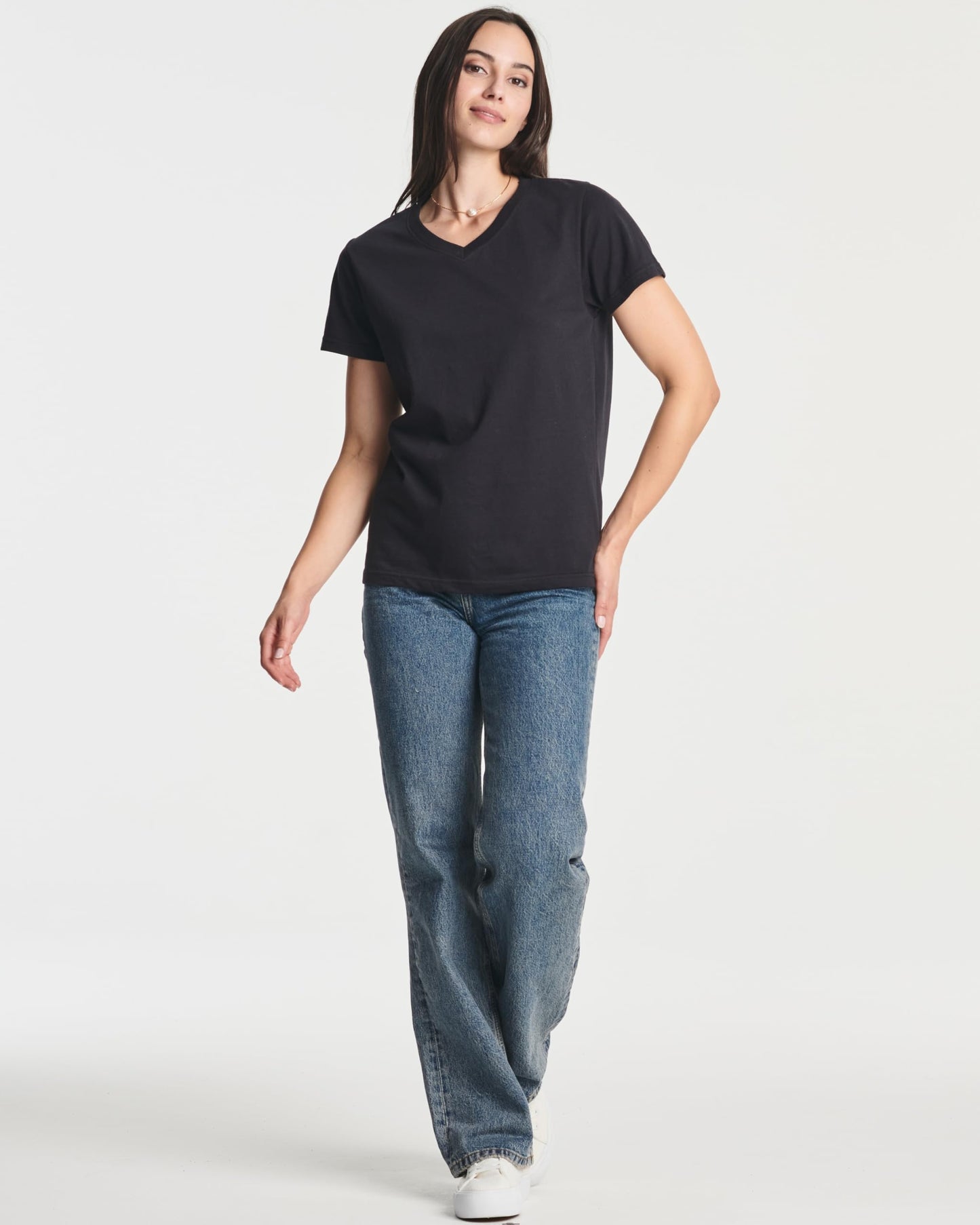 Real Essentials 4 Pack: Women's Classic-Fit Cotton Short-Sleeve V-Neck T-Shirt (Available in Plus Size)