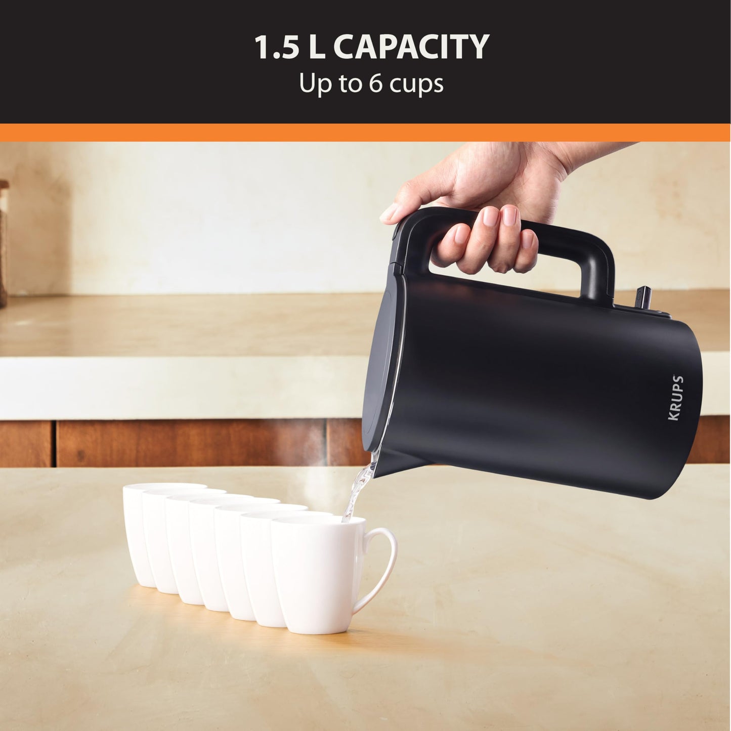 KRUPS 1.5L Electric Kettle, Cool Touch Stainless Steel Interior, Fast Boiling, one cup in 80 seconds, Double Wall, Fast Boiling, Auto Off, Keep Warm, Cordless, Black