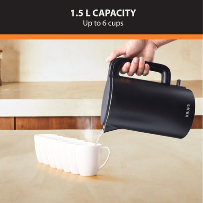 KRUPS 1.5L Electric Kettle, Cool Touch Stainless Steel Interior, Fast Boiling, one cup in 80 seconds, Double Wall, Fast Boiling, Auto Off, Keep Warm, Cordless, Black