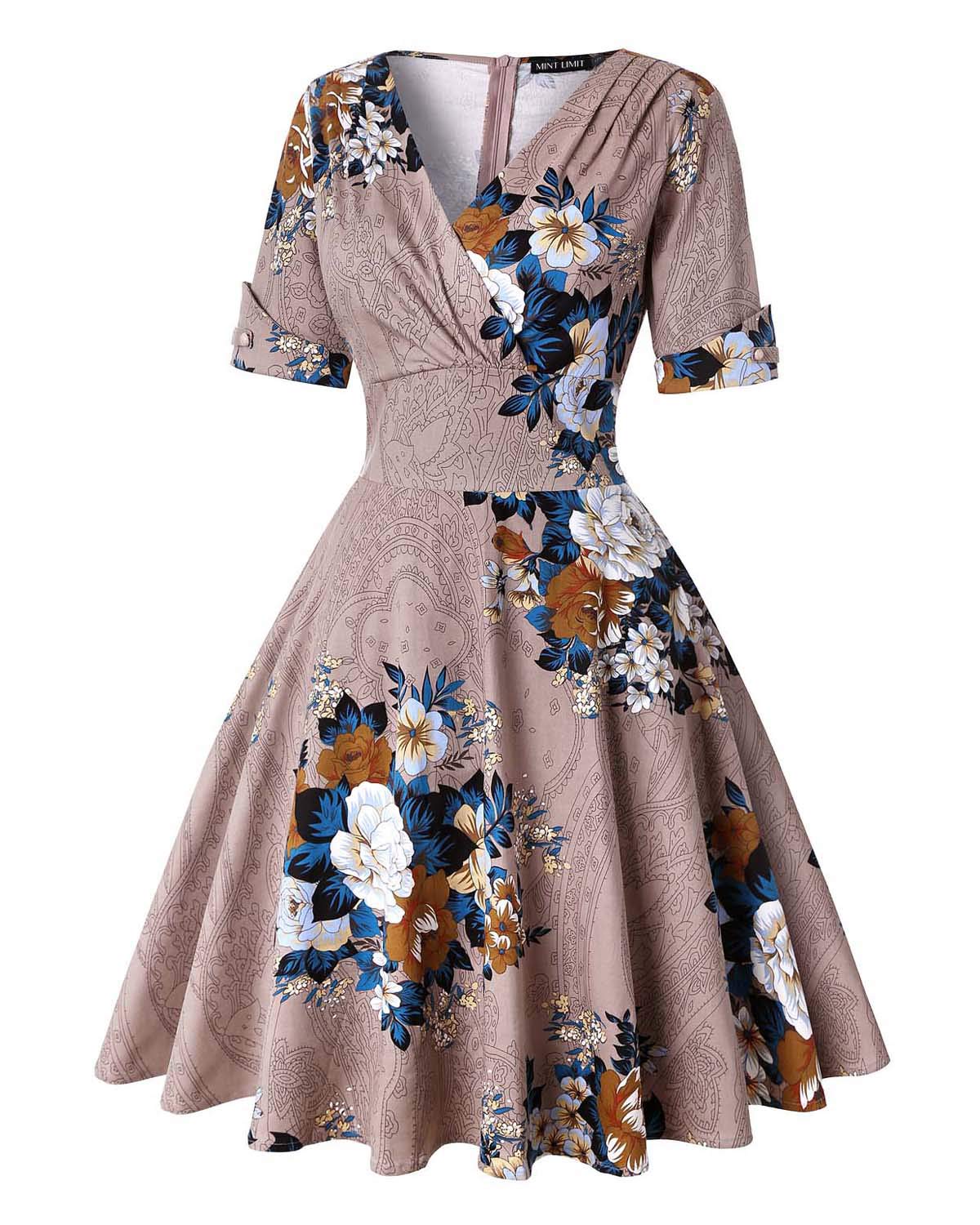 MINTLIMIT Women's V-Neck Floral Half Sleeve Midi Fit Flare Retro Dress Cocktail Dresses (Light Brown,Size XL)