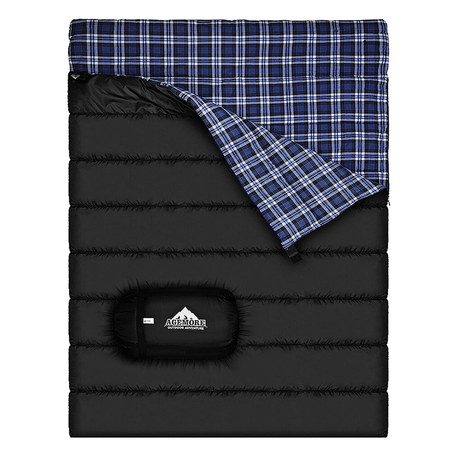 AGEMORE Cotton Flannel Double Sleeping Bag for Camping, Backpacking Or Hiking. Queen Size 2 Person Waterproof Sleeping Bag for Adults Or Teens. Lightweight with Compression Sack