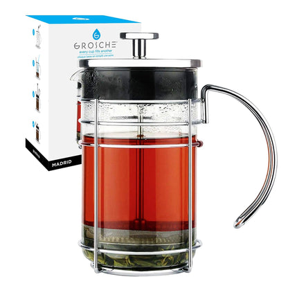 GROSCHE MADRID French Press - Premium Coffee and Tea Maker - 1.0L - 34oz - Borosilicate Glass Beaker - Dual Filter System For Rich Brew - Versatile Brewing | Stainless Steel Filter