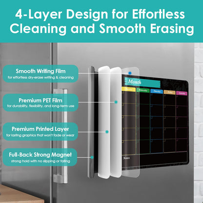 MaxGear Black Weekly Dry Erase Board,16"x12" Magnetic Whiteboard Meal Planner Blackboard for Fridge, Chalkboard Calendar Menu Planning Board Notepad for Kitchen with 7 Markers and 1 Eraser