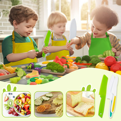 15 PCS Montessori Kitchen Tools for Toddlers Kids Cooking Sets, Apron, Serrated Toddler Knife, Crinkle Cutter, Sandwich Cutter, Wooden Fruit Knife, Y Peeler, Cutting Board for Cooking Kid Safe Knive