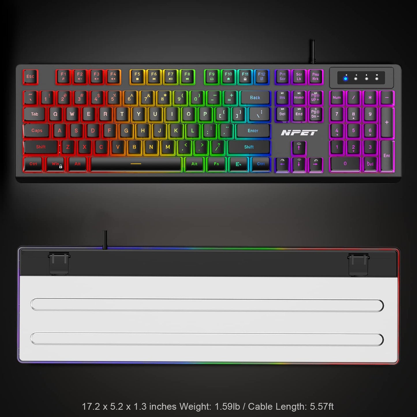 NPET K10V4 Wired Gaming Keyboard, RGB 10 Zone Backlit, Spill-Resistant Design, Multimedia Keys, Quiet Silent USB Membrane Pudding Keyboard for Desktop, Computer, PC