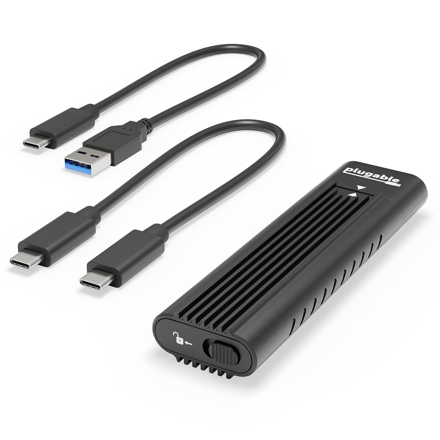 Plugable M.2 NVMe SSD Enclosure; Tool-Free & Driverless, USB 3 Type-C, Including Thunderbolt and USB4, at 10Gbps. for M.2 NVMe SSDs 2230 to 2280 PCIe Gen 3 and 4. USB Cables Included