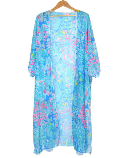Hibluco Women's Long Floral Kimono Printed Cardigan Sheer Swimsuit Cover Ups
