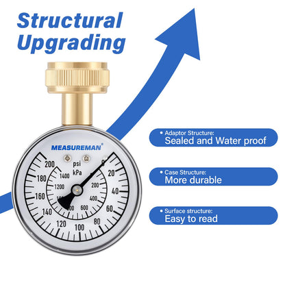 MEASUREMAN 0-200 PSI Water Pressure Gauge, 2-1/2'' Dial, Hose bib Pressure Gauge, Home Water Pressure Tester, Durable 3/4” Hose Thread, Water Pressure Gauge for Home