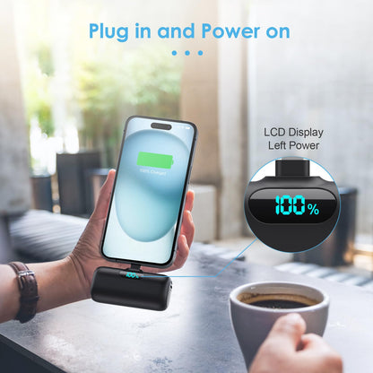 Mini Portable Charger USB C Power Bank,Upgraded 5000mAh PD Fast Charging Battery Pack Built-in USB-C Connector,LCD Display,Compatible with iPhone16,16 Plus,16Pro/Max/15,iPad Pro/Air,Android Phone etc