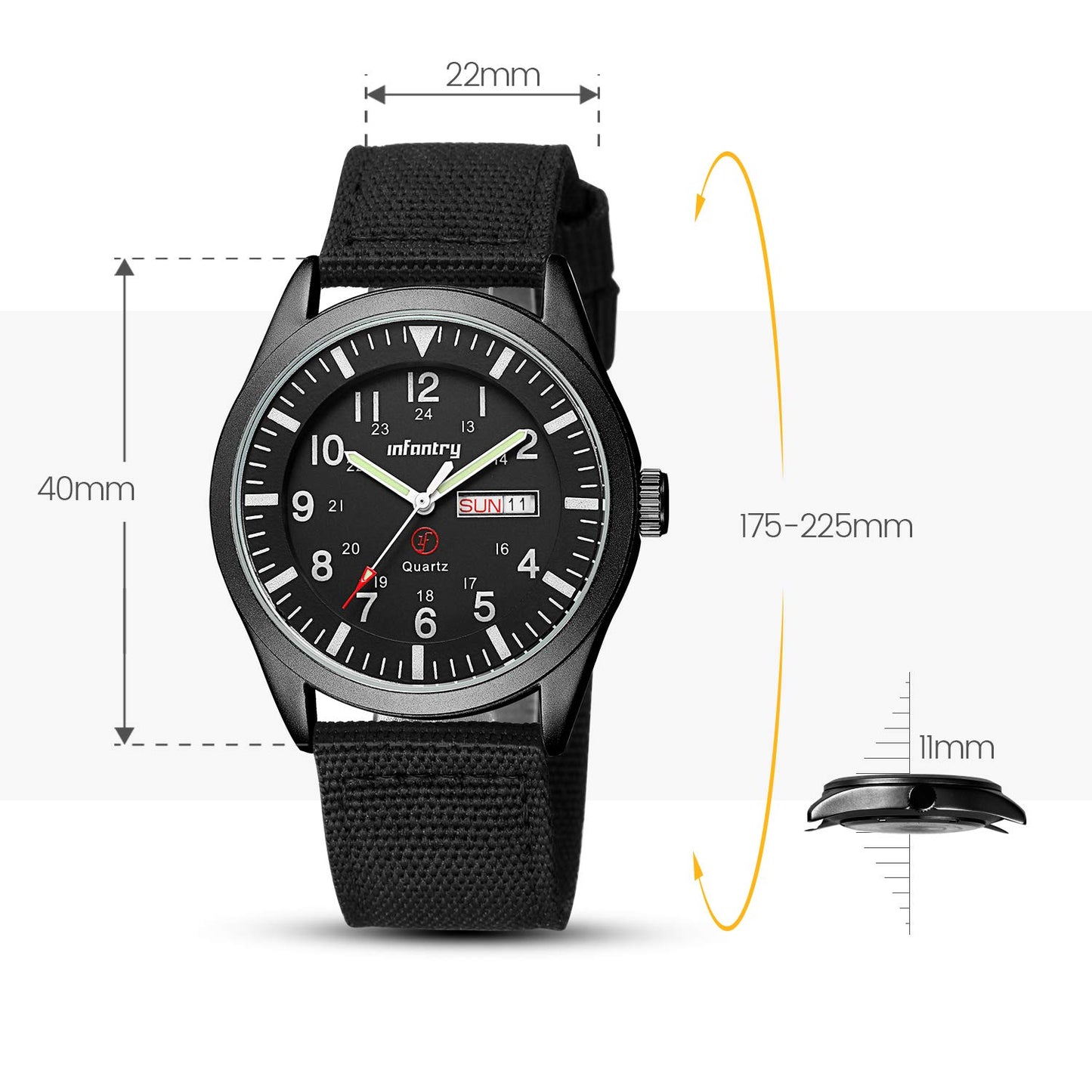 Infantry Mens Military Army Outdoor Sport Watch Field Tactical Black Wrist Watches for Men Waterproof 24 Hour Work Date Day Analog Wristwatch Nylon Band