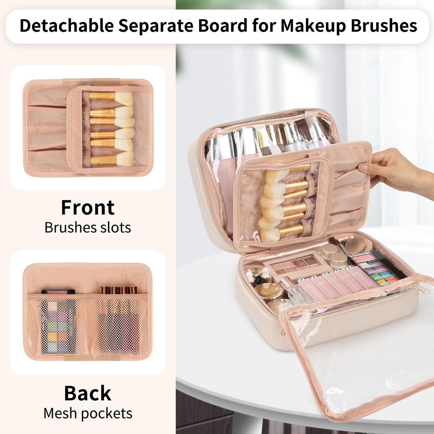 OCHEAL Makeup Bag, Make up Travel Bag Large Capacity Waterproof Cosmetic Organizer Bag with Makeup Brush Compartment & Handle for Women Girls Travel Toiletry Accessories-Beige
