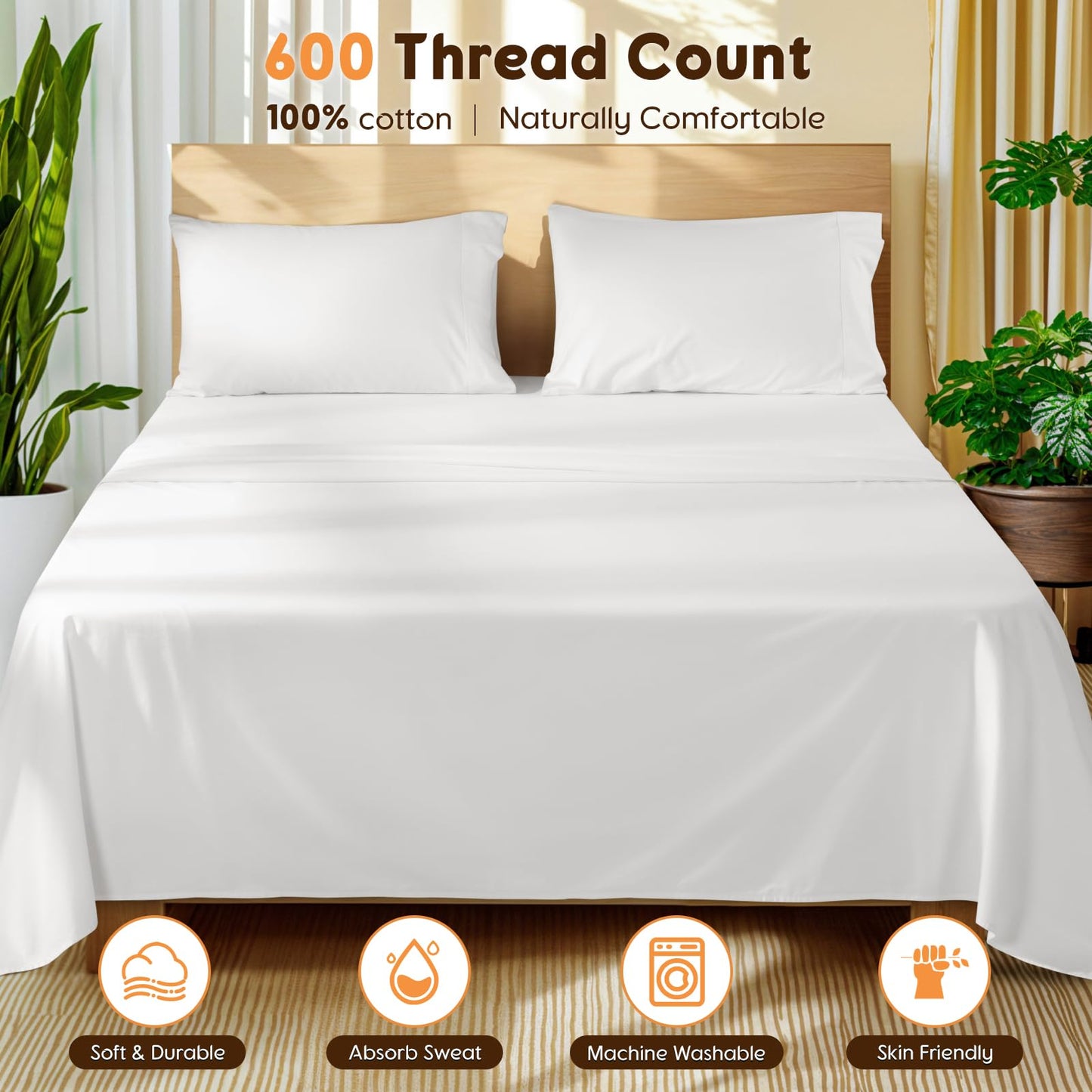 LBRO2M 100% Cotton Sheets Set Queen Size 600 Thread Count 4 Piece Sets Bed Sheet Deep Pocket Up to 16" Soft Comfortable All Season (Queen, White)