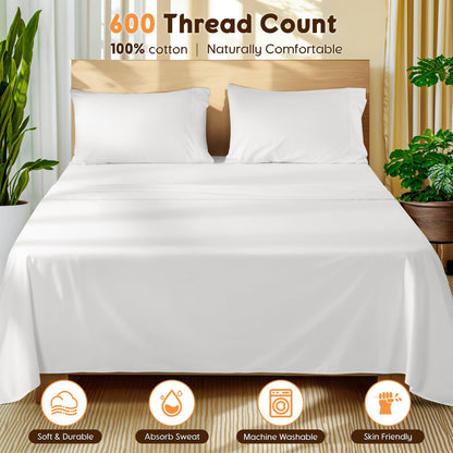 LBRO2M 100% Cotton Sheets Set Queen Size 600 Thread Count 4 Piece Sets Bed Sheet Deep Pocket Up to 16" Soft Comfortable All Season (Queen, White)