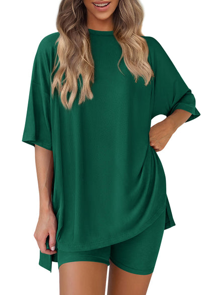PRETTYGARDEN Women's Two Piece Lounge Set 2025 Summer Casual Oversized Shirts Biker Shorts Matching Airport Travel Outfit (Green,Medium)