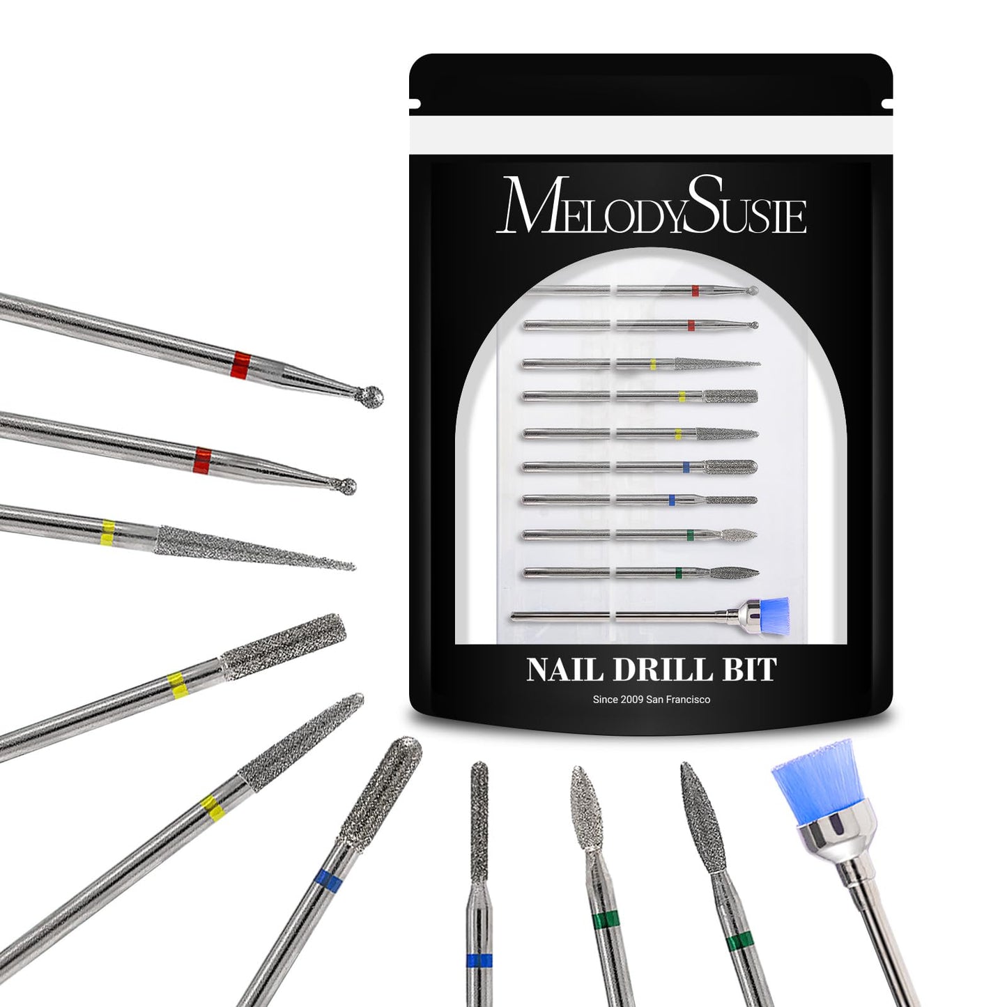 MelodySusie 10pcs Nail Drill Bits Set, 3/32 Inch Diamond Cuticle Nail Bits Kit for Nail Drill E-File, Manicure Pedicure Remover Tools for Acrylic Gel Nails, Salon Home Nail Care Supplies, Silver
