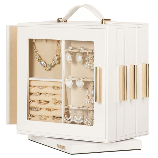 Homde Jewelry Box 360° Rotating, Necklace Earring Organizer with Transparent Window, Mirror, 7 Drawers, Large Ring Display Storage Case for Girls Women (White)