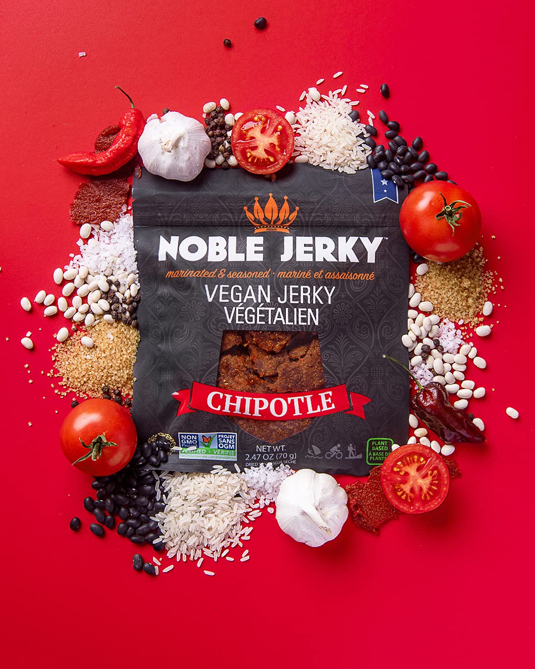Noble Jerky - Healthy Vegan Plant Protein + Energy Non-GMO Meat Free 100% Natural 4 Bags (2.47 oz each Bag)
