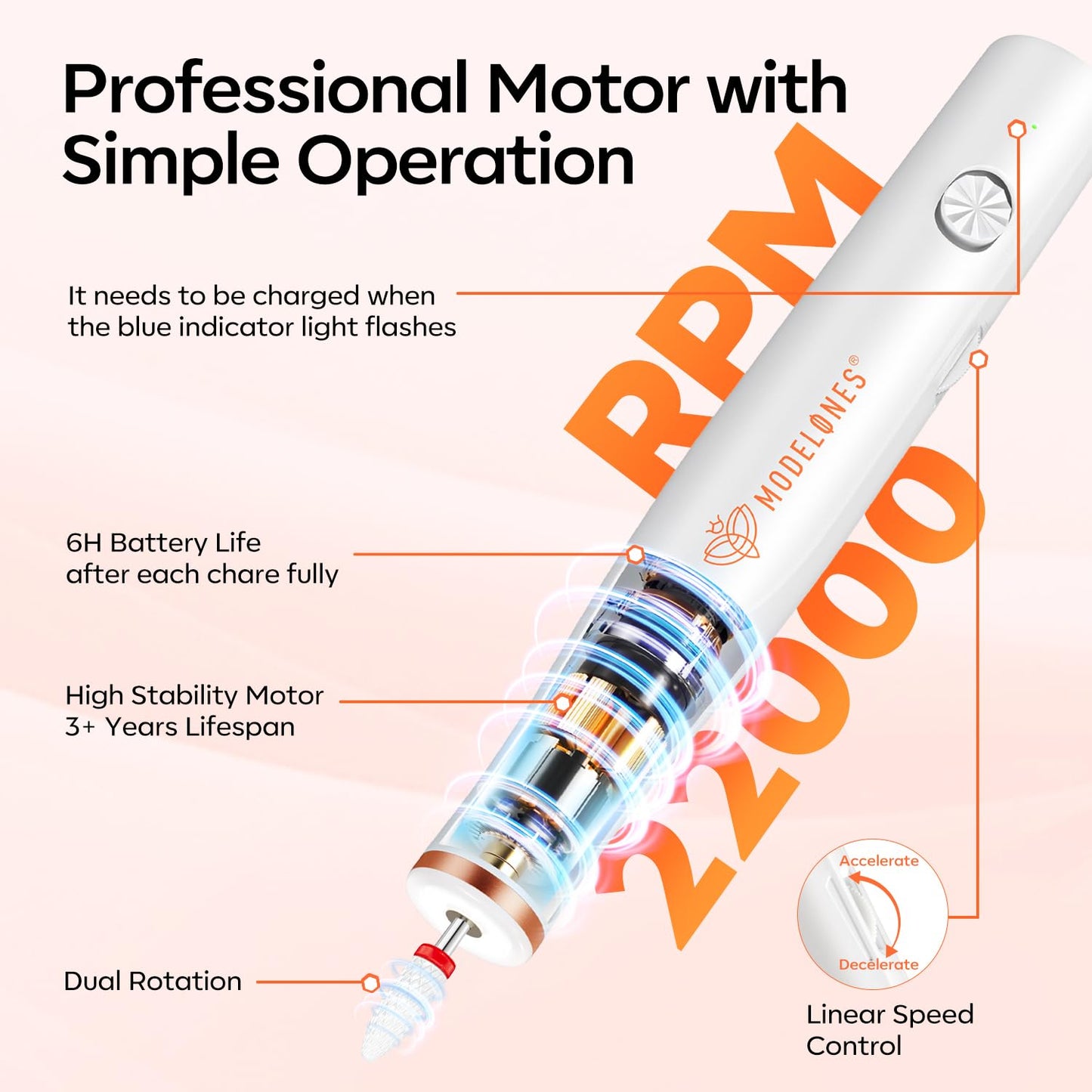 Modelones Electric Nail Drill, 14 Pcs Cordless Nail File with LED Light for Acrylic Gel Dip Powder Nails, Professional Nail Efile Kit with Nail Drill Bits & Sanding Bands for Quick Manicure Pedicure