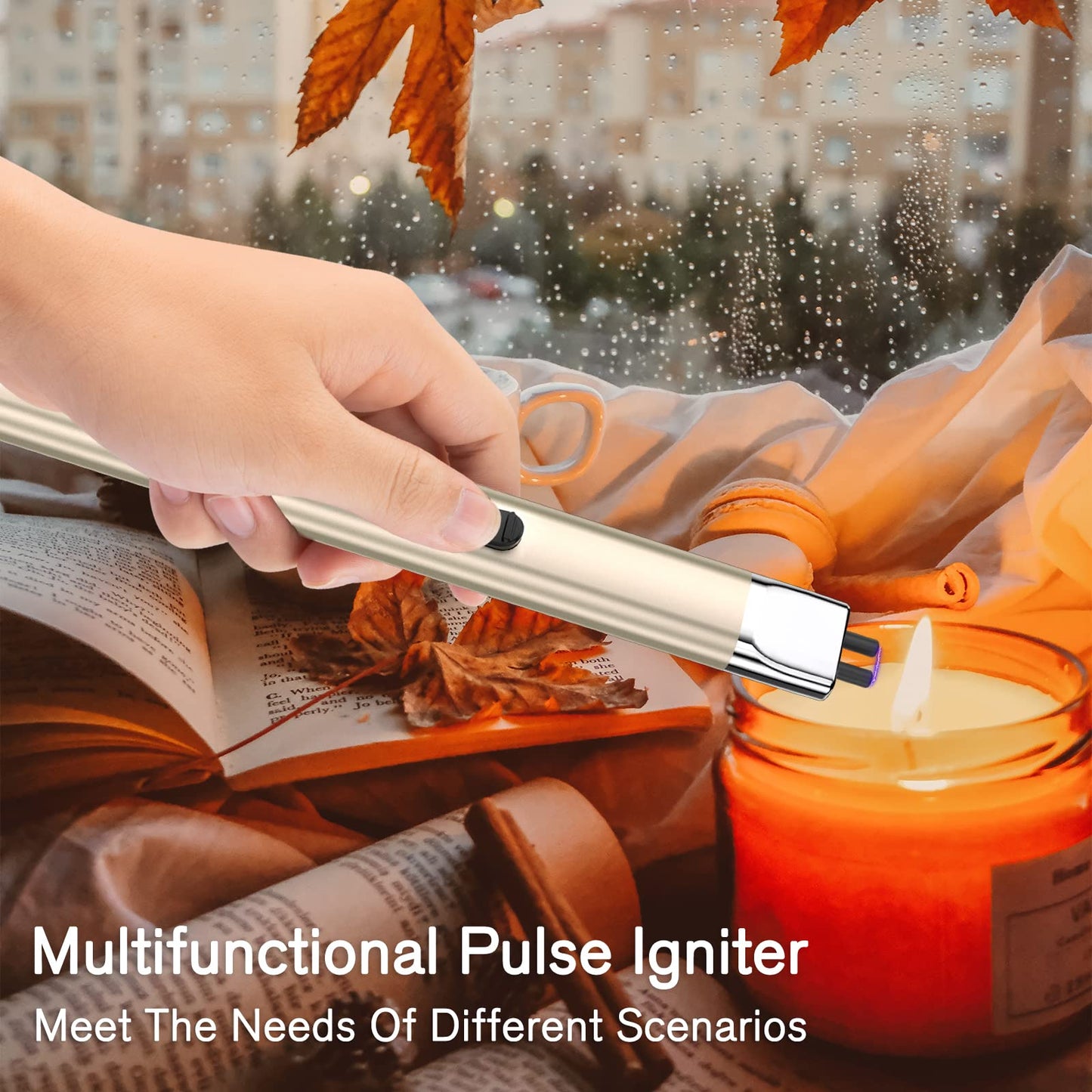 REIDEA Electric Candle Lighter, Retractable Top Windproof Flameless USB Rechargeable Arc Lighter with Safe Button and Power Indicator for Candle, BBQ and Fireworks, R1 Flat, Champagne Gold