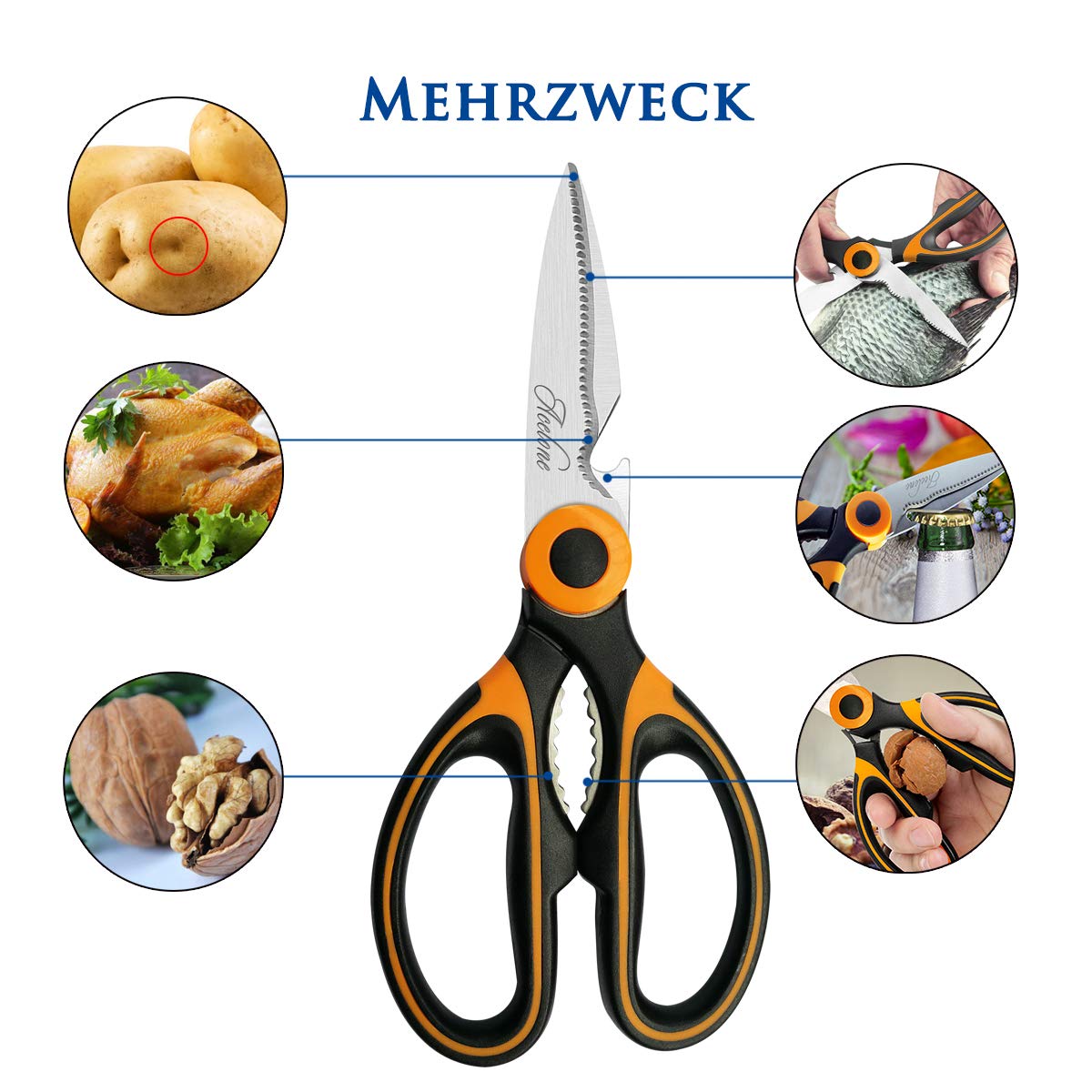Acelone Kitchen Shears,Premium Heavy Duty Shears Ultra Sharp Stainless Steel Multi-function Kitchen Scissors for Chicken/Poultry/Fish/Meat/Vegetables/Herbs/BBQ… (Orange black)