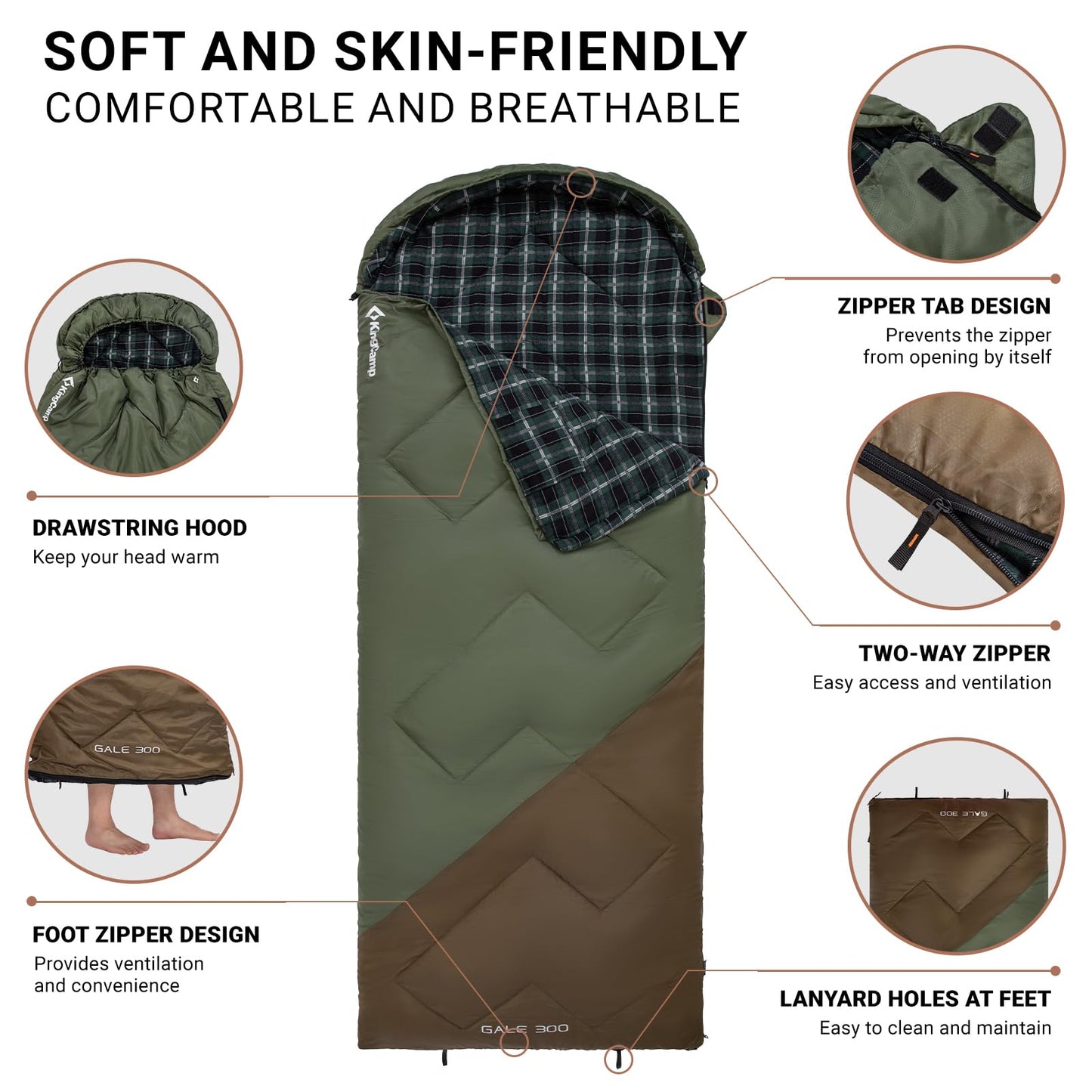 KingCamp Sleeping Bag for Adults, Cold Weather & Warm XL Big and Tall Flannel Sleeping Bags with Compression Sack Portable Waterproof Essentials Gear Accessories for Outdoor Camping (Beangreen/Brown)