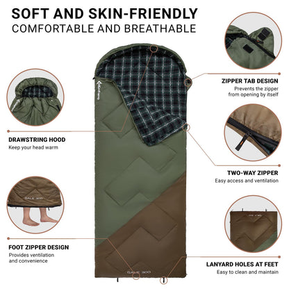 KingCamp Sleeping Bag for Adults, Cold Weather & Warm XL Big and Tall Flannel Sleeping Bags with Compression Sack Portable Waterproof Essentials Gear Accessories for Outdoor Camping (Beangreen/Brown)