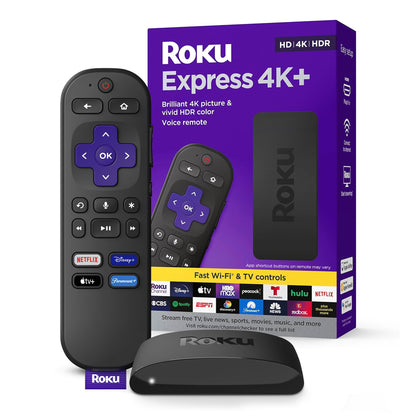 Roku Express 4K+ | Roku Streaming Device 4K/HDR with Voice Remote, Free & Live TV