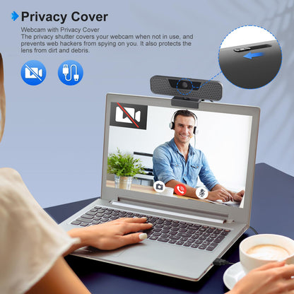 4K Auto Focus Webcam for PC, 4 AI Noise-Canceling Mics UHD Web cam, Auto Light Correction, 85°FOV Computer Web Camera, USB C Plug&Play Webcam with Tripod & Privacy Cover Works w/Zoom/Skype/Google
