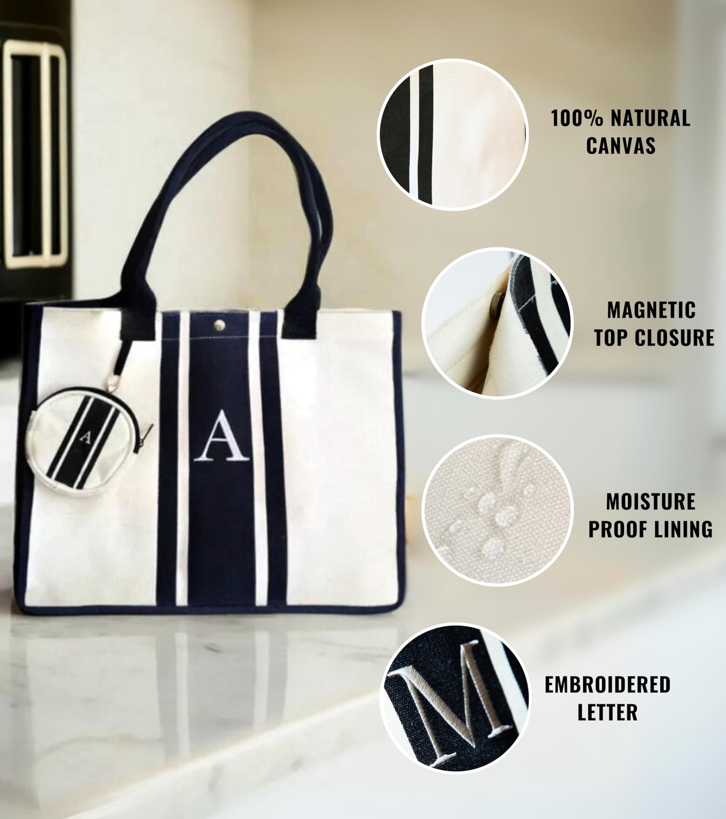 Initial Canvas Tote Bag - Embroidered Letter Beach Bag, Monogrammed Personalized Gift Bag For Women, Make Up Purse