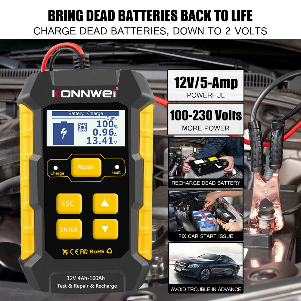 KONNWEI 3 in 1 Car Battery Charger, KW510 Battery Tester 12V 5-Amp Fully Automatic Smart Charger Automotive Pulse Repair Maintainer, Trickle Charger Battery Desulfator w/Temp Compensation