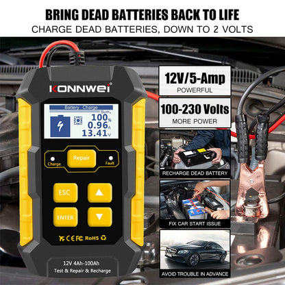 KONNWEI 3 in 1 Car Battery Charger, KW510 Battery Tester 12V 5-Amp Fully Automatic Smart Charger Automotive Pulse Repair Maintainer, Trickle Charger Battery Desulfator w/Temp Compensation
