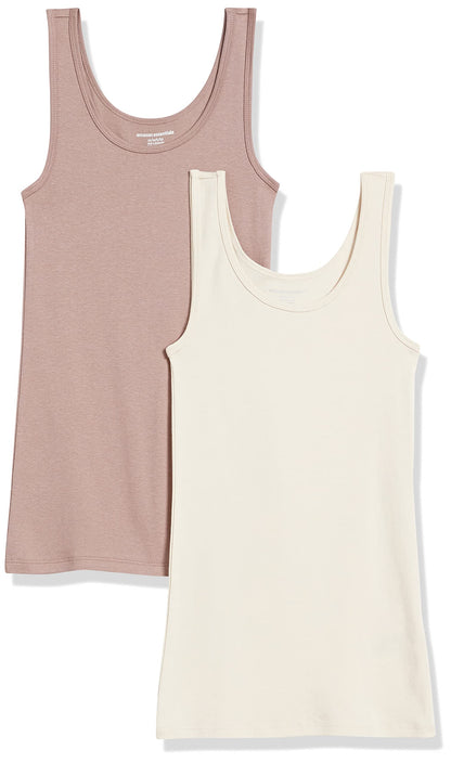 Amazon Essentials Women's Slim-Fit Tank Top, Pack of 2, Beige/Brown, Medium