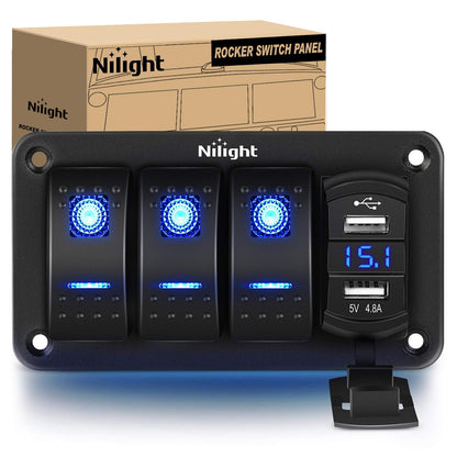 Nilight 3 Gang Rocker Switch Panel with 4.8 Amp Dual USB Charger Voltmeter Waterproof 12V 24V DC Rocker Switch with Night Glow Stickers for Cars Trucks Boats RVs, 2 Years Warranty,Blue