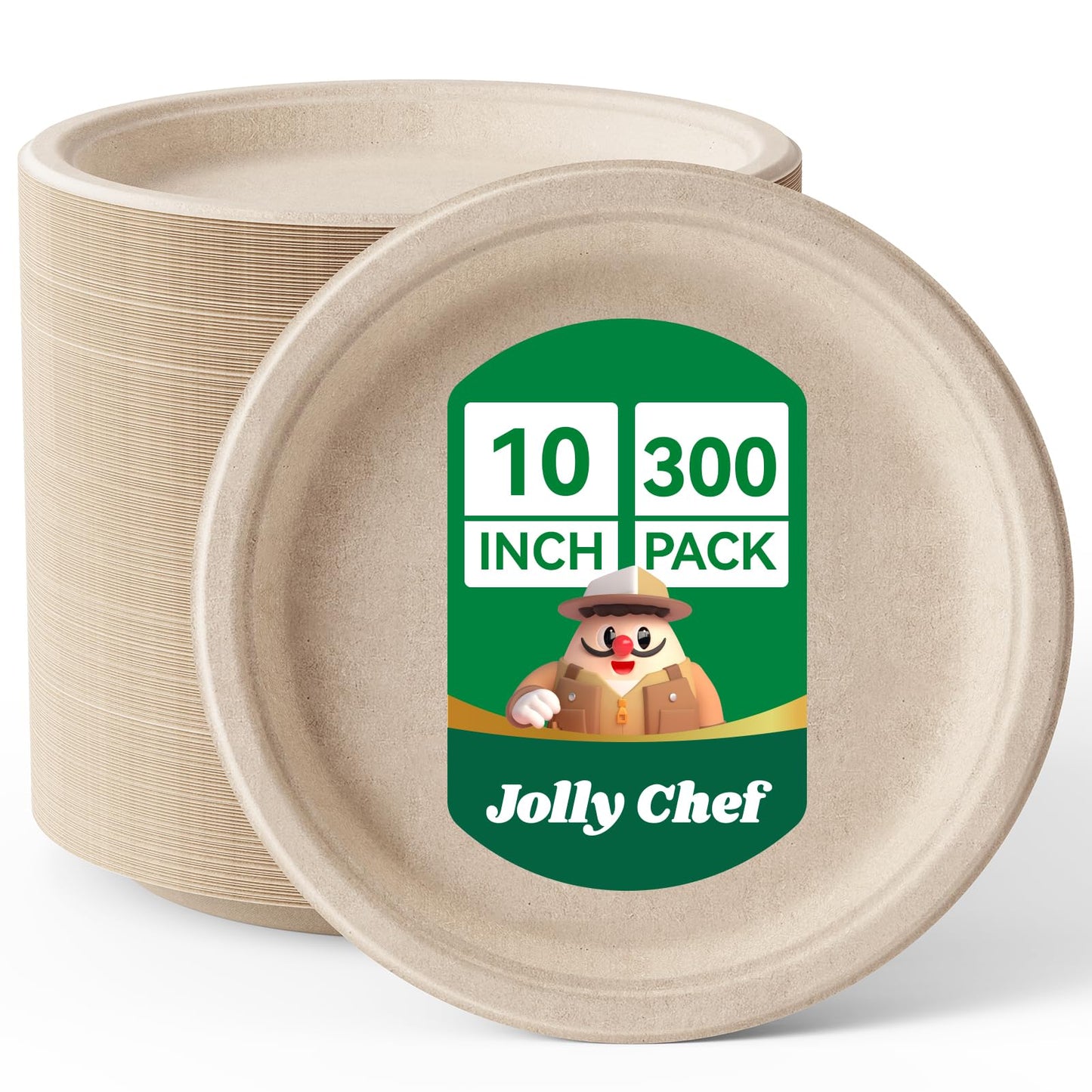 JOLLY CHEF Compostable Heavy Duty Plates 𝟭𝟬 𝗜𝗻𝗰𝗵 [𝟯𝟬𝟬 𝗣𝗮𝗰𝗸] Eco-Friendly Disposable Paper Plates Made of Bagasse Biodegradable Bulk for Party Dinner Sugarcane Fibers Round (Natural)