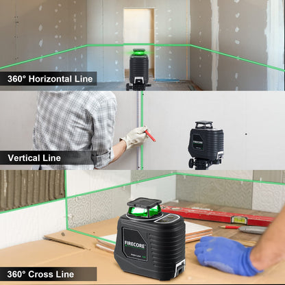 Laser Level with Tripod, Firecore 360° Self Leveling Cross Line Laser Level with Pluse Mode, Green Lazer Leveler tool for Hanging Pictures Wall Tile Construction, L-Bracket & Carry Pouch Included