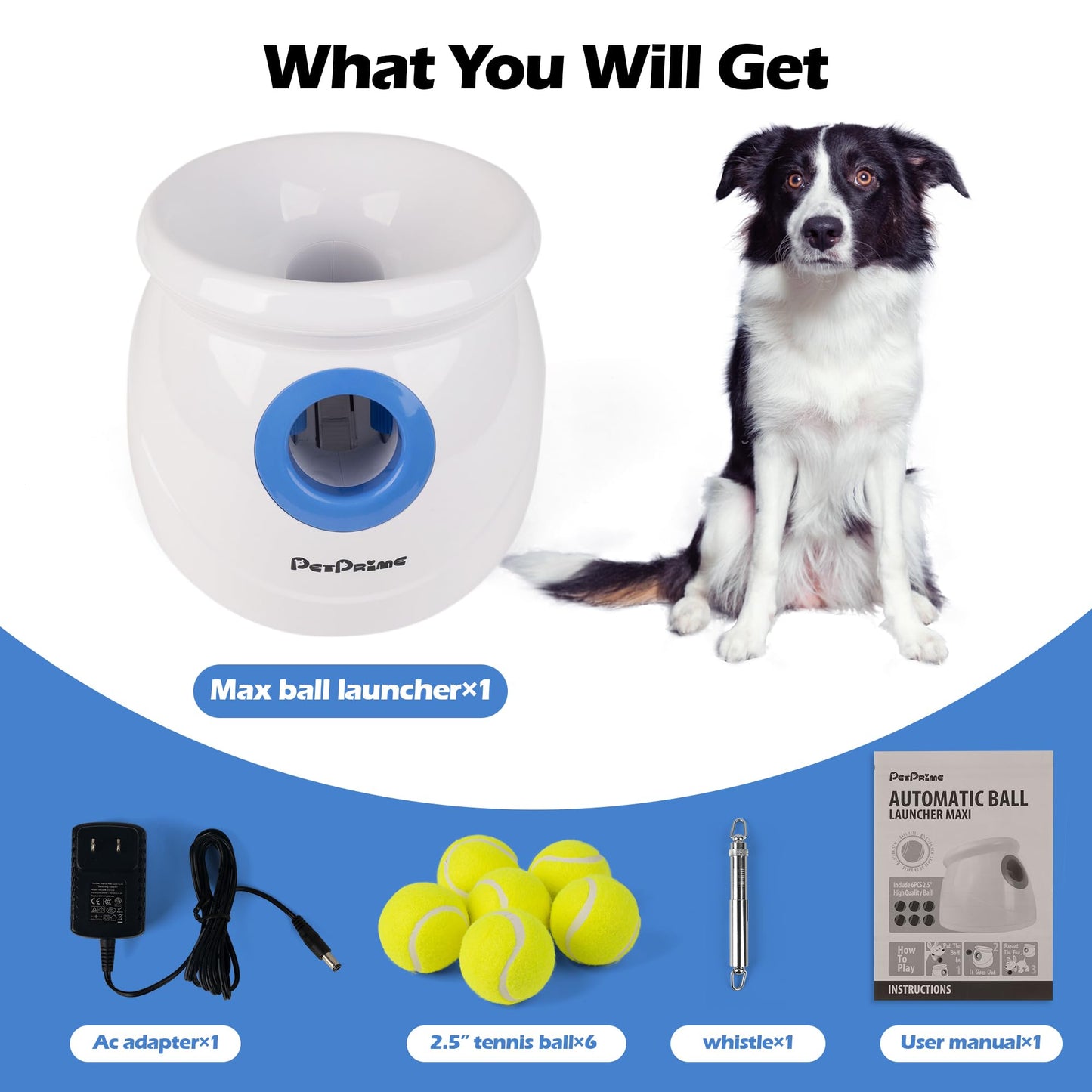 Pet Prime Dog Automatic Ball Launcher for Large Dogs Ball Thrower Machine Outdoor Indoor Use Interactive Dog Toy Adjustable Distance 10-40ft - Included 6 PCS 2.5” Tennis Balls and a Whistle