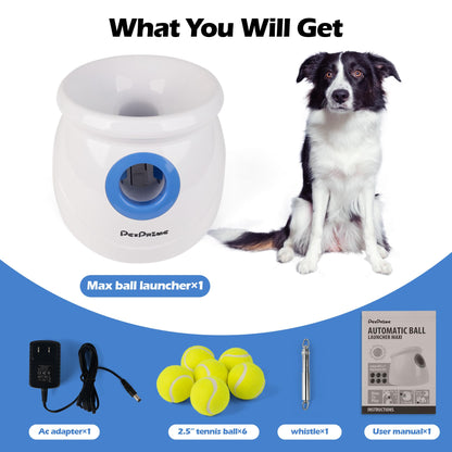 Pet Prime Dog Automatic Ball Launcher for Large Dogs Ball Thrower Machine Outdoor Indoor Use Interactive Dog Toy Adjustable Distance 10-40ft - Included 6 PCS 2.5” Tennis Balls and a Whistle