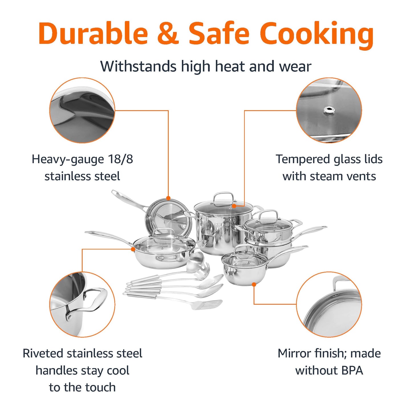 Amazon Basics Stainless Steel Cookware 15-Piece Set, Oven Safe, Pots and Pans, Induction-Ready, Even Heating, Easy to Clean, Heavy Duty, Silver