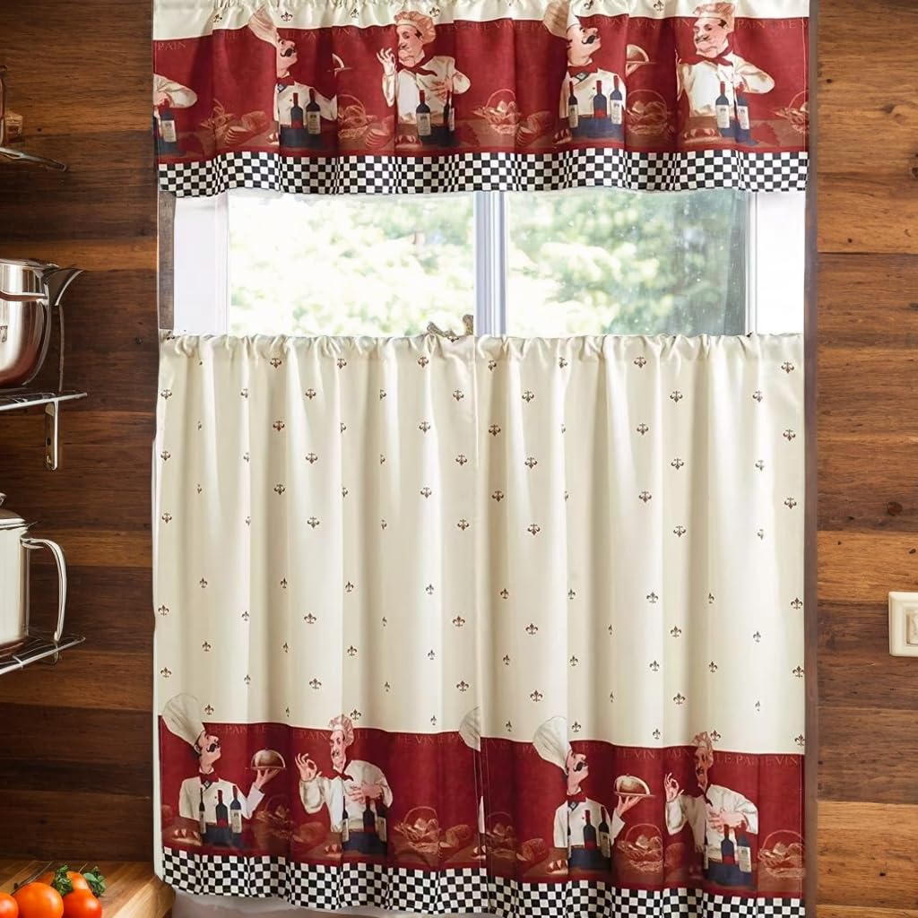MarCielo 3 Piece Printed Floral Kitchen/Cafe Curtain with Swag and Tier Window Curtain Set, Chef