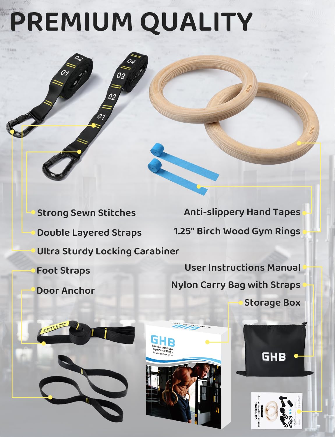 GHB Gymnastic Rings Wooden Gym Rings 1.25" Olympic Rings Adjustable Straps Pull Up Rings Sets for Workout Bodyweight Fitness Training