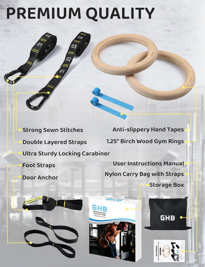 GHB Gymnastic Rings Wooden Gym Rings 1.25" Olympic Rings Adjustable Straps Pull Up Rings Sets for Workout Bodyweight Fitness Training