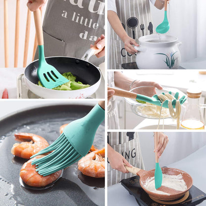 MIBOTE Silicone Cooking Kitchen Utensils Set with Holder, Wooden Handles Cooking Tool BPA Free Turner Tongs Spatula Spoon Kitchen Gadgets Set for Nonstick Cookware (Teal)