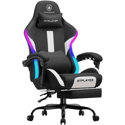 GTRACING Gaming Chair with Foot Rest & Racing Style RGB LED Lights, Breathable Fabric for Home Office Desk, Ergonomic High Back Computer Chair with Headrest & Lumbar Support, RGB Black