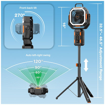 OGERY F21 Camping Fan with Stand, 20000mAh Rechargeable Battery Powered Standing Fan, LED Lanterns for Power Outages, Strong Wind, Fast Charging for Tent, Travel, Bedroom, Camping Essentials