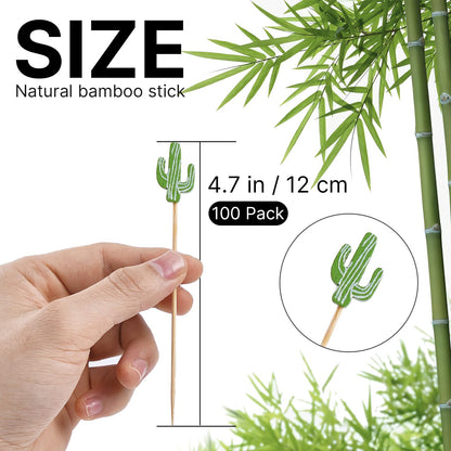 PuTwo Cocktail Picks Handmade Bamboo Toothpicks 100pcs 4.7” in Green Cacti