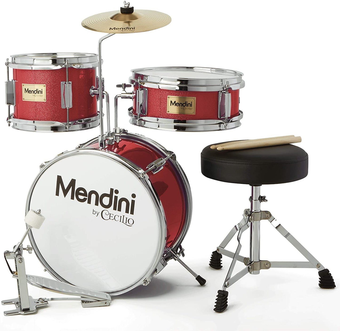 Mendini By Cecilio Kids Drum Set, 3 Piece Junior Drum Set for Beginners with Bass Tom Snare Drum, 13 inch Drum Kit with Snare, Cymbal, Drumsticks, Adjustable Seat (Metallic Red)